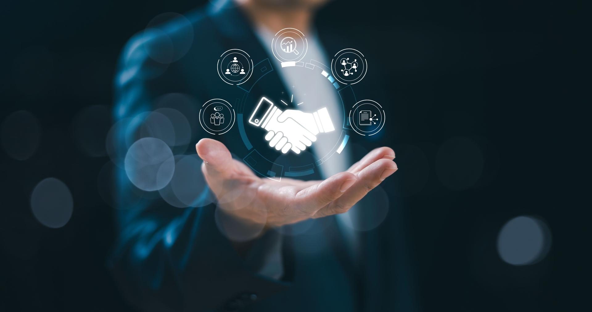 Business relationship connection concept. Partnership ecosystem, collaboration link technology service. Businessman search on leadership trust handshake contact icon on global digital network